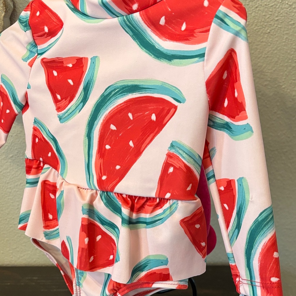 Carter's Pink and Red Watermelon Ruffle Long-Sleeve One-Piece Swim - Picture 3 of 4